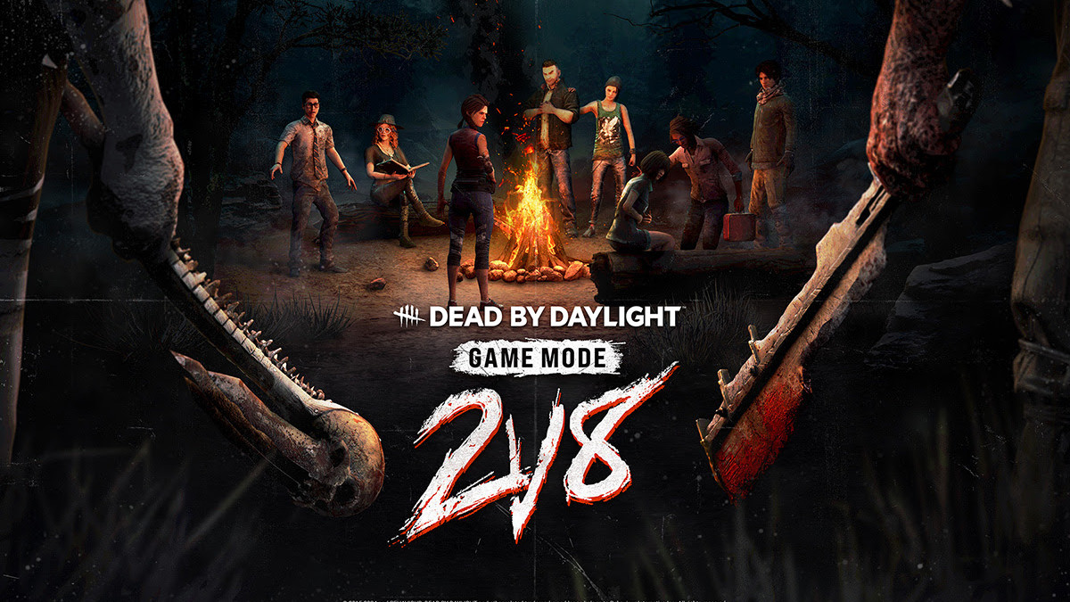 Key art of the Dead by Daylight 2v8 mode, showing a group of survivors in the background, and The Trapper and The Wraith in the foreground in an article detailing the limited time game mode