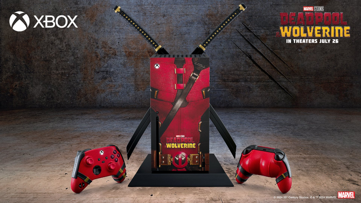A custom Deadpool Xbox featuring cheeky controllers available via a sweepstakes in an article detailing information about the console