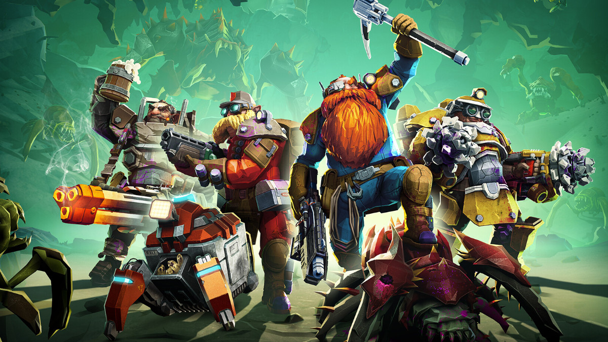Four dwarves holding weapons and pickaxes in Deep Rock Galactic, in an article talking about a song with Wind Rose to collaborate with the game