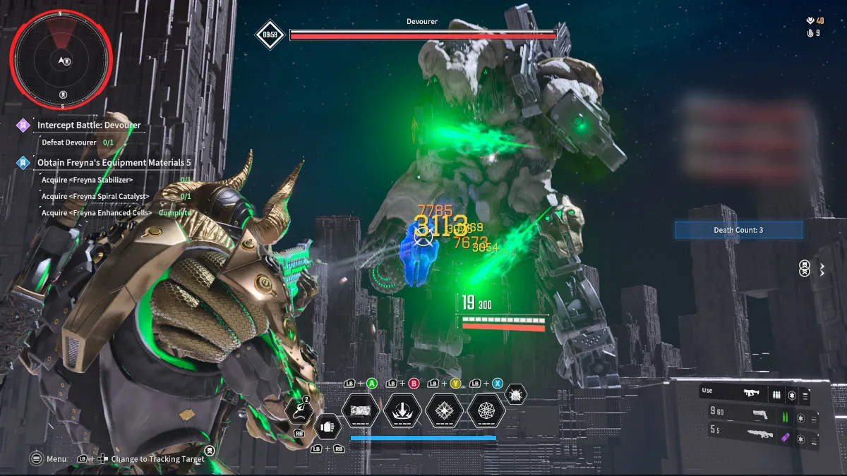 A screenshot of The First Descendant with Ajax shooting the Devourer in the knee weakpoints 