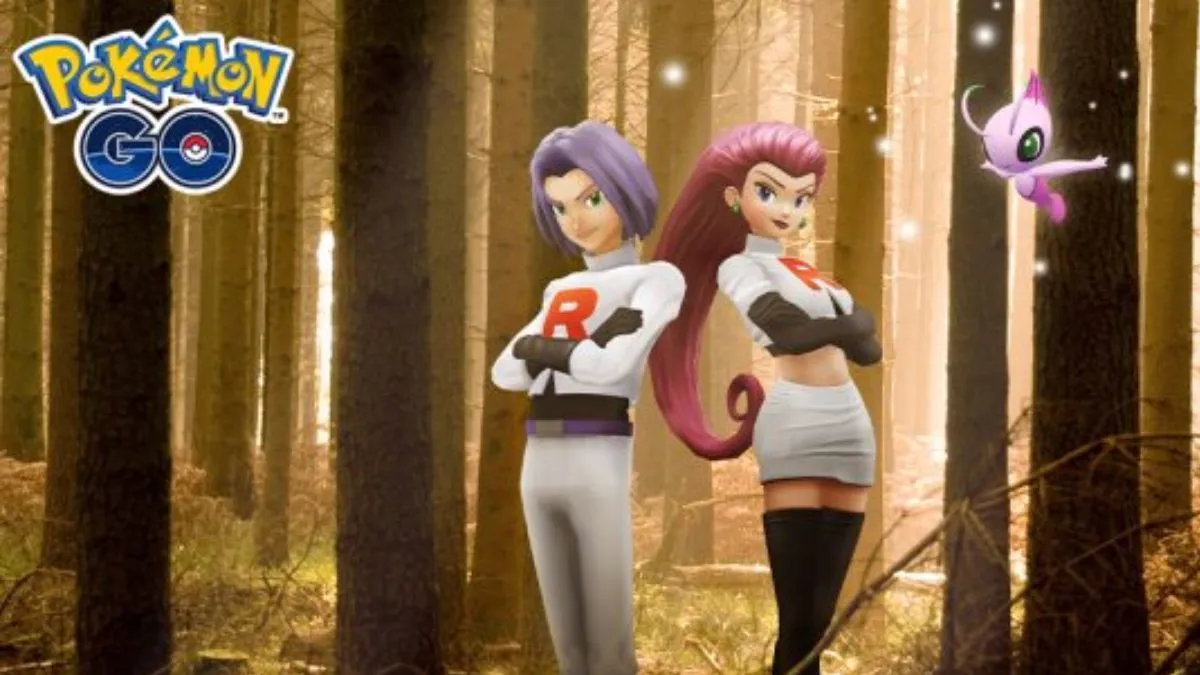 Image of Team Rocket standing in the woods besides pink Shiny Celebi in a Pokemon GO advertisement