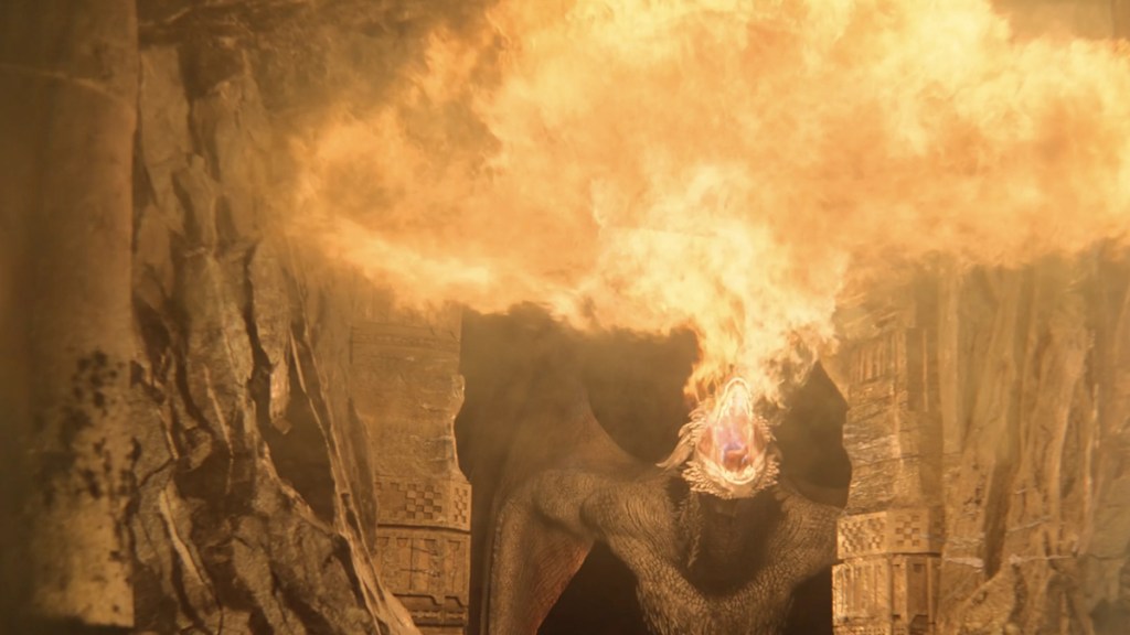 Dreamfyre breathing fire in House of the Dragon