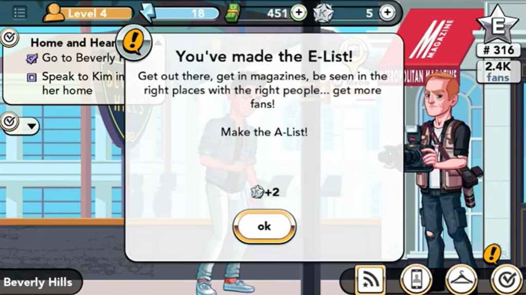 A menu that announces the player has reached the e-list, and some text urging them to try and make it to the a-list