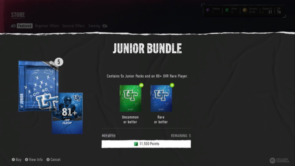 The Junior Bundle in College Football 25 Ultimate Team