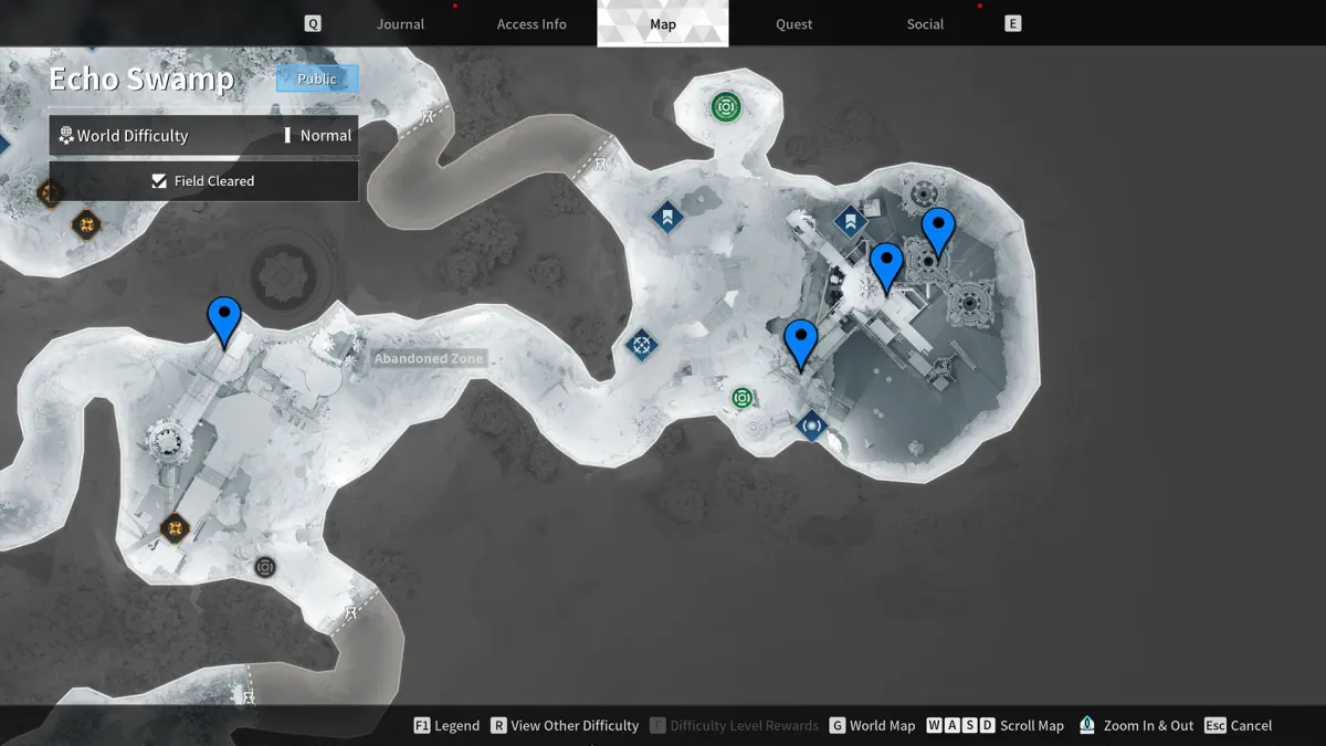 Image of the Echo Swamp map with four blue chevrons marking posted on it, marking the location of the Encrypted Vaults