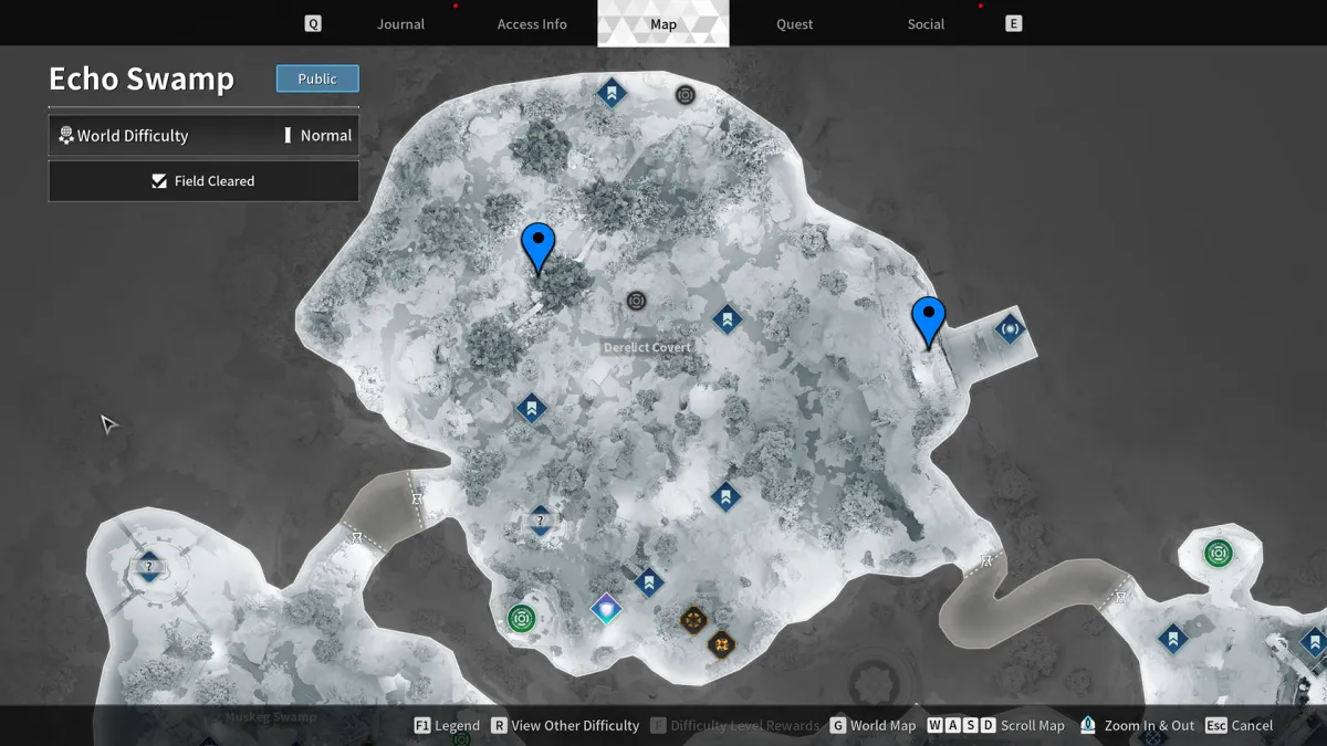 Image of the Echo Swamp map with two blue chevrons marking posted on it, marking the location of the Encrypted Vaults