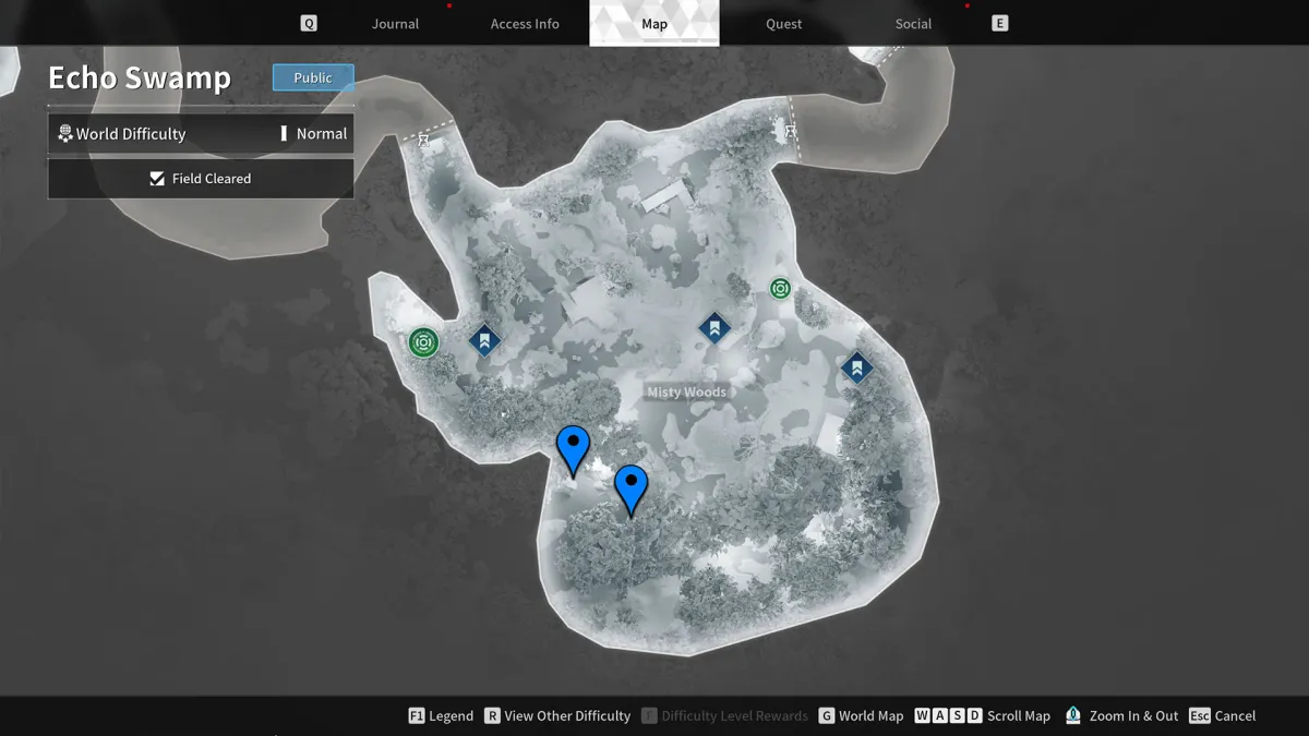 Image of the Echo Swamp map with two blue chevrons marking posted on it, marking the location of the Encrypted Vaults