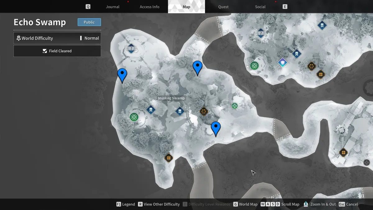 Image of the Echo Swamp map with three blue chevrons marking posted on it, marking the location of the Encrypted Vaults