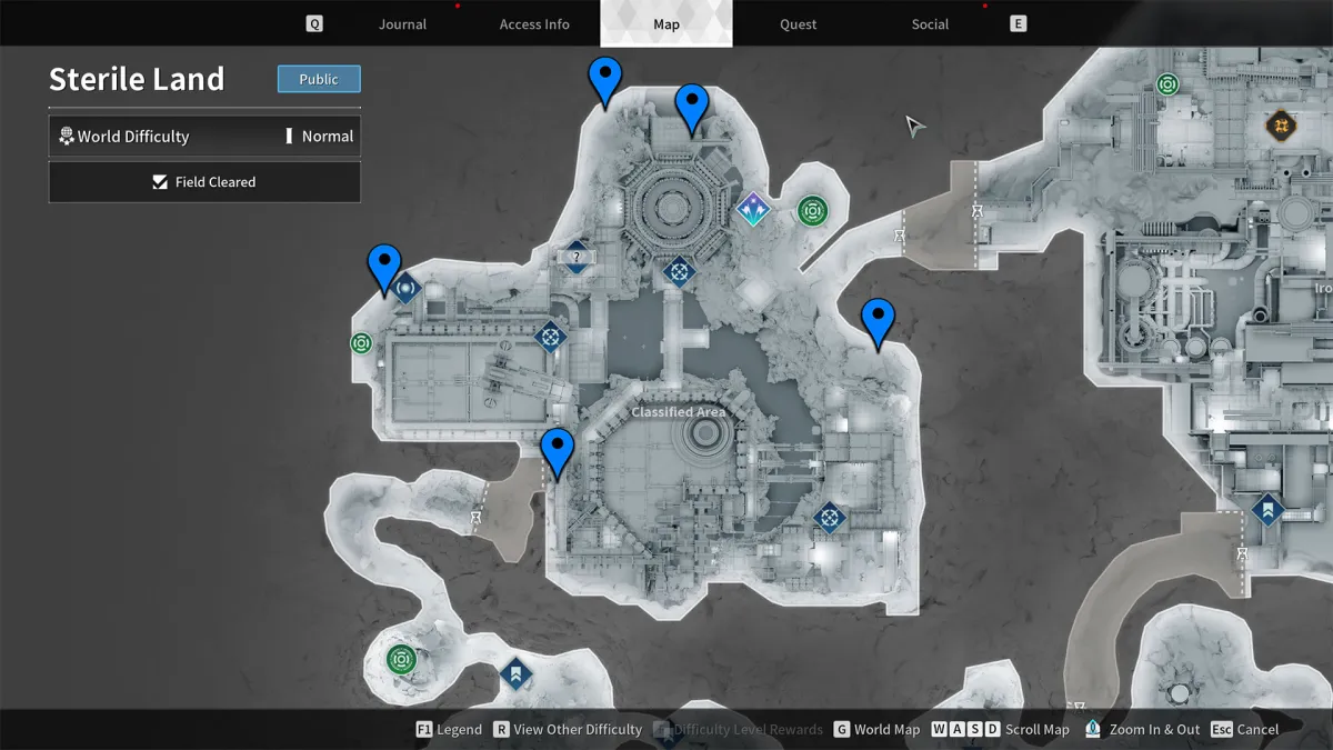 Image of the Sterile Land Classified Area Map in The First Descendant, with several blue chevrons marking the location of the Encrypted Vaults 