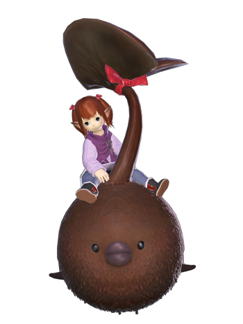 A small child atop a Chocoppokur mount in FFXIV
