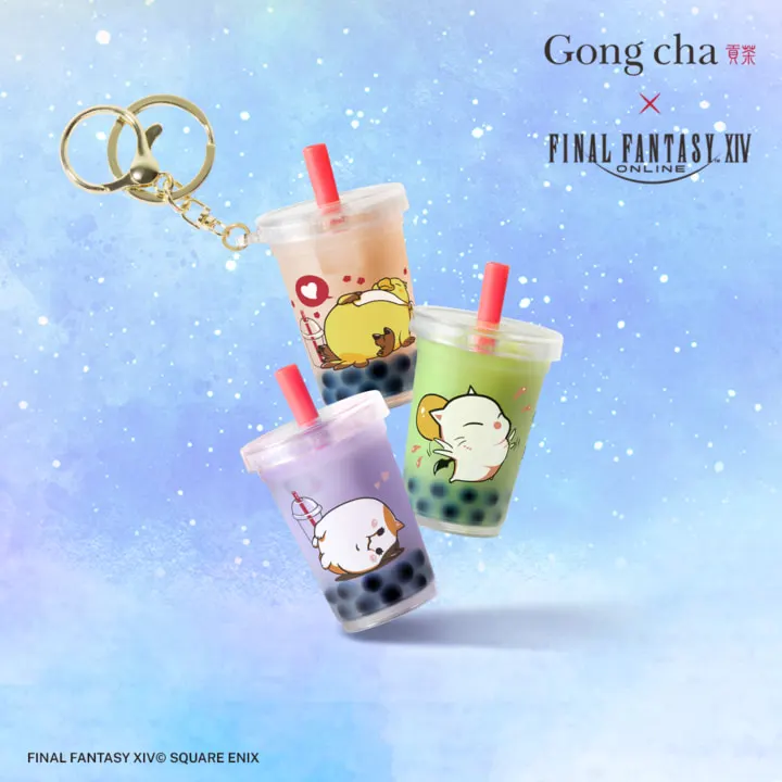 A promo image showing the keychains available as part of the FFXIV x Gong Cha collaboration event,