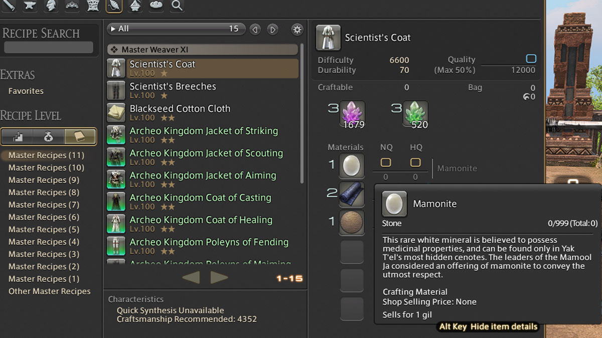 Image of the FFXIV: Dawntrail market board featuring a variety of comsetics, including Scientist's Coat