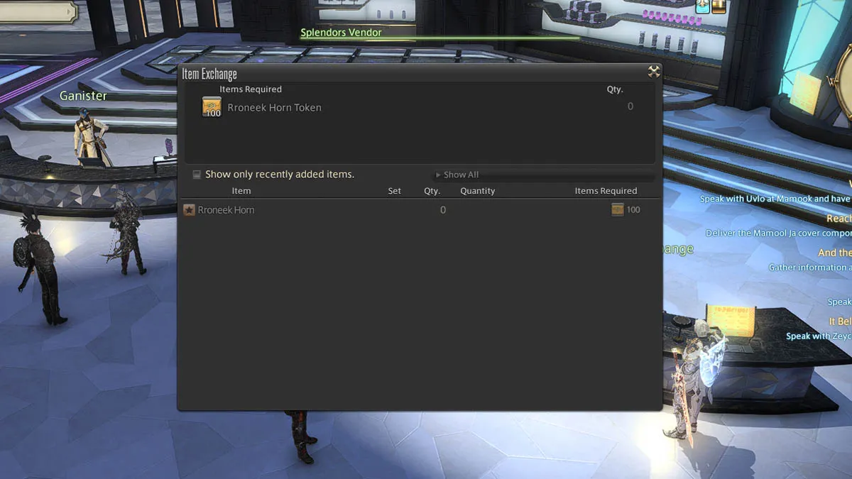 Image of the player in a large room with the Item Exchange menu open trading for a Rroneek Horn in FFXIV