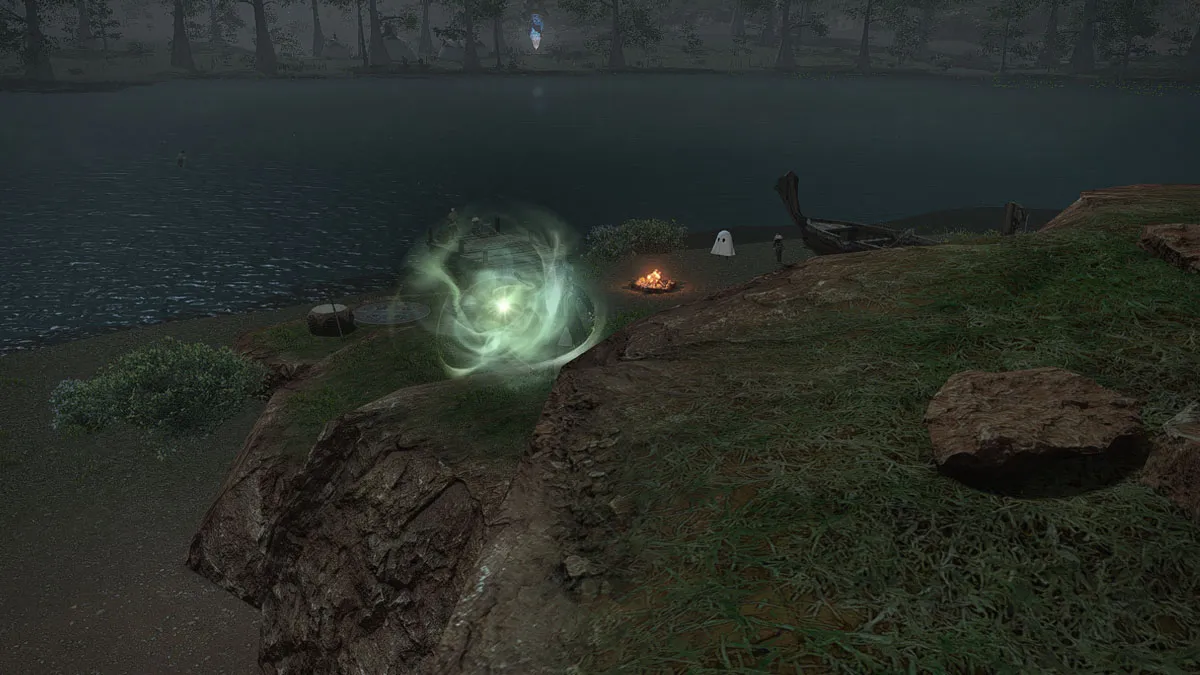Image of an aether current on a jutting rock beside a lake with a boat and campfire in the background in Shaaloani in FFXIV 