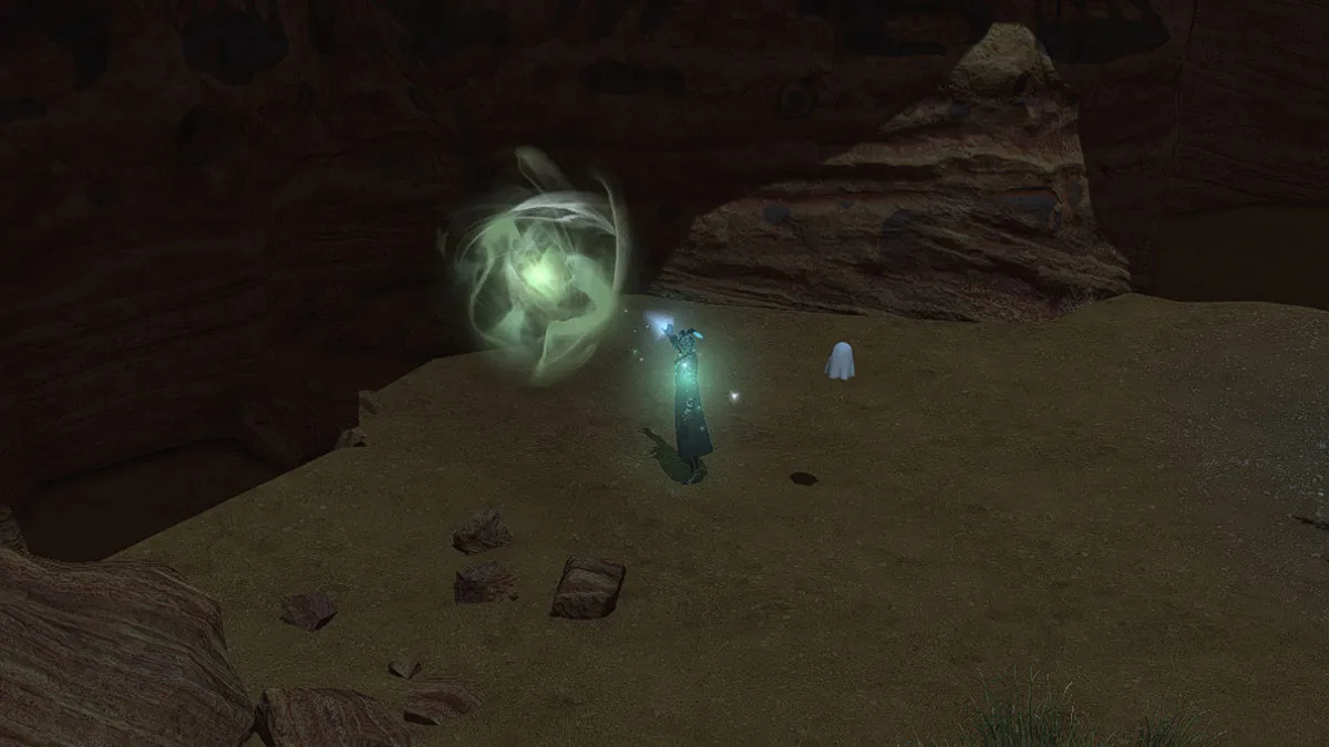 Image of an aether current in a cave path in the desert in FFXIV 