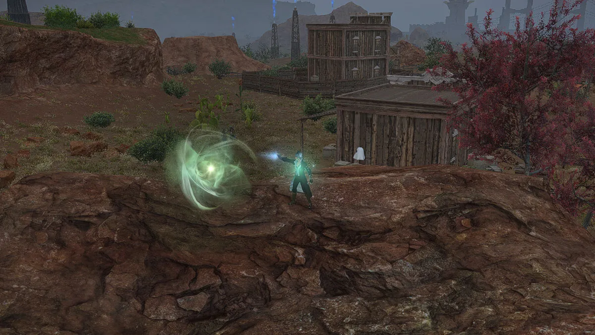 Image of an aether current on top of a large rock with buildings in the distance 