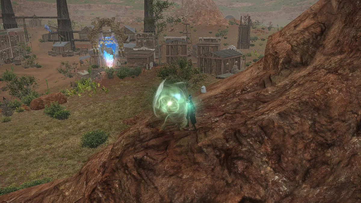 Image of an aether current on a different rock with the town in the background in FFXIV
