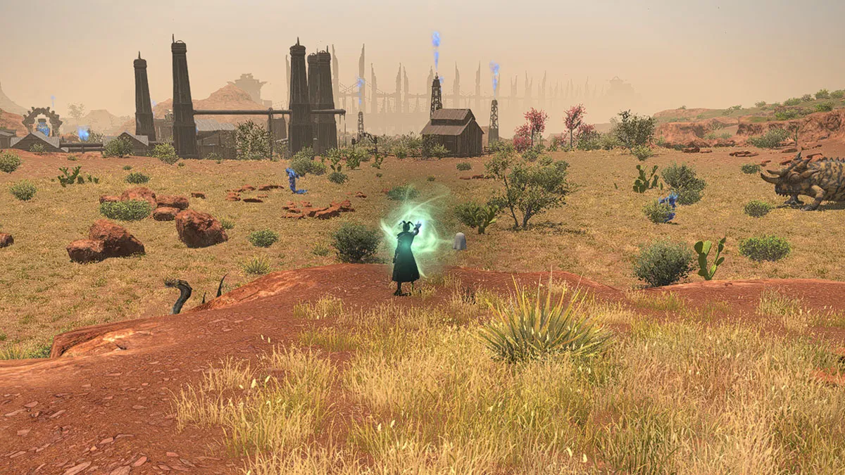 Image of a palyer character interacting with an aether current in a large open field with buildings in the distance