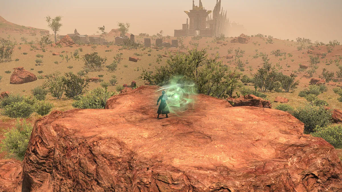 Image of a Shaaloani aether current on a plateau in a flat field with a large building in teh distance