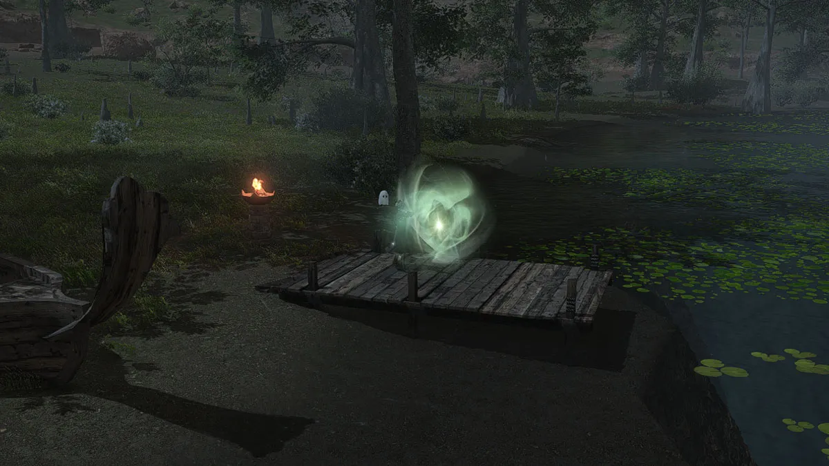 Image of a Shaaloani aether current on a pier beside a lake in FFXIV