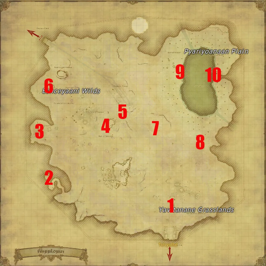 Image of the Shaaloani map with all of the aether current locations in FFXIV labeled in large red numbers