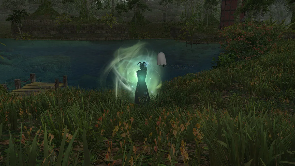 Image of an aether current in FFXIV Yak T'el with the player character looking at a lake