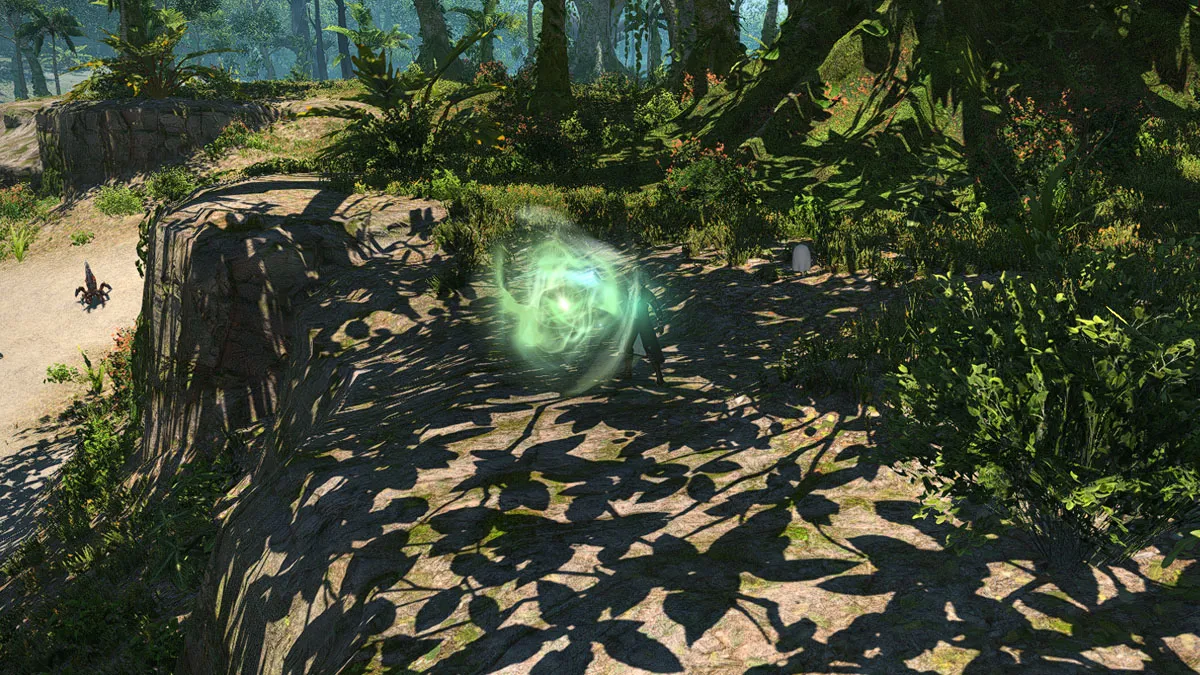 Image of the fourth aether current in FFXIV Yak T'el with the current being close to the beach beneath a shaded tree