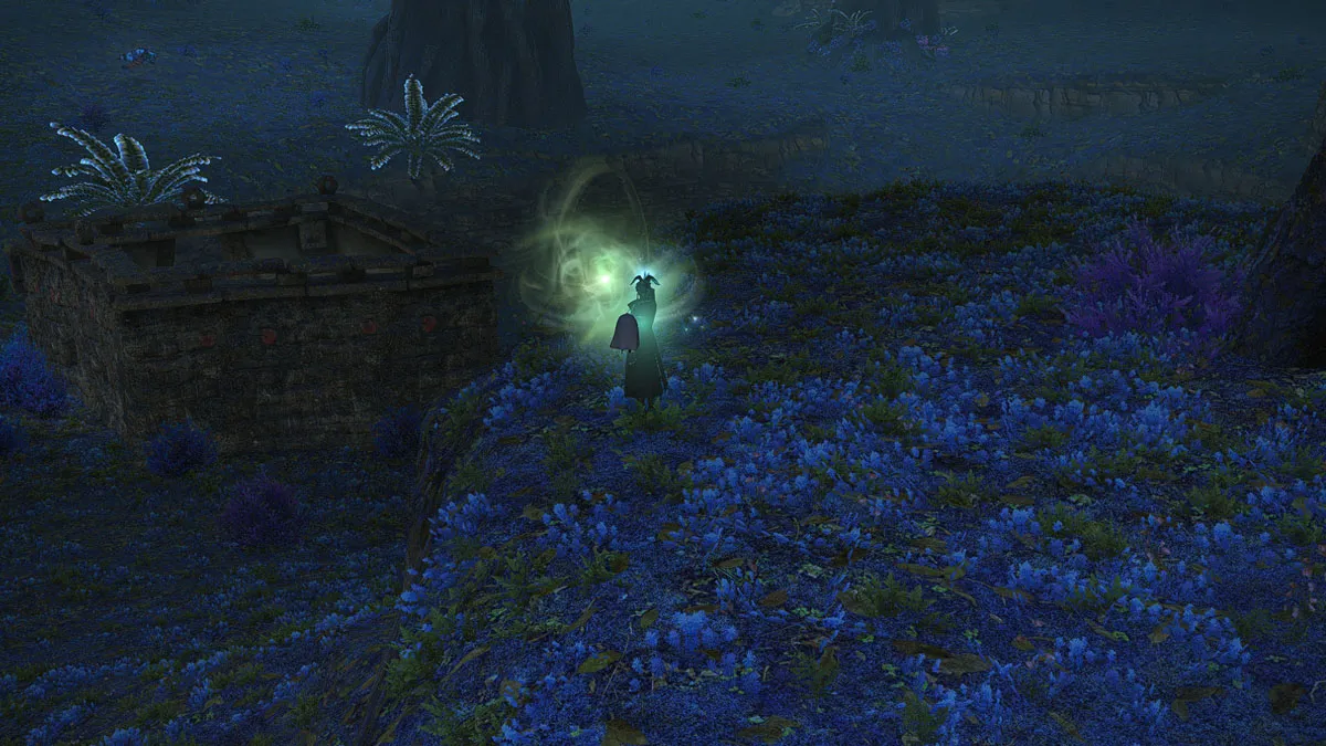 Image of the eight aether current in FFIXV Yak T'el with the aether current being someplace dark, in a field of blue flowers