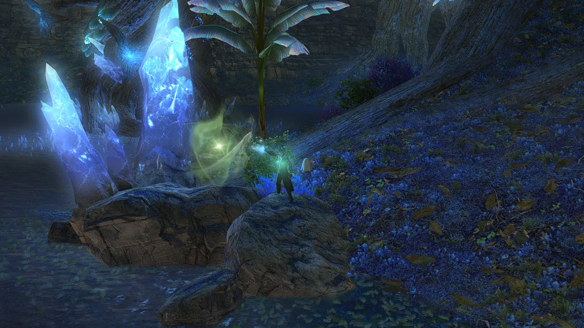 Image of the ninth aether current in FFXIV in Yak T'el close to a large bleu crystal in a field of flowers