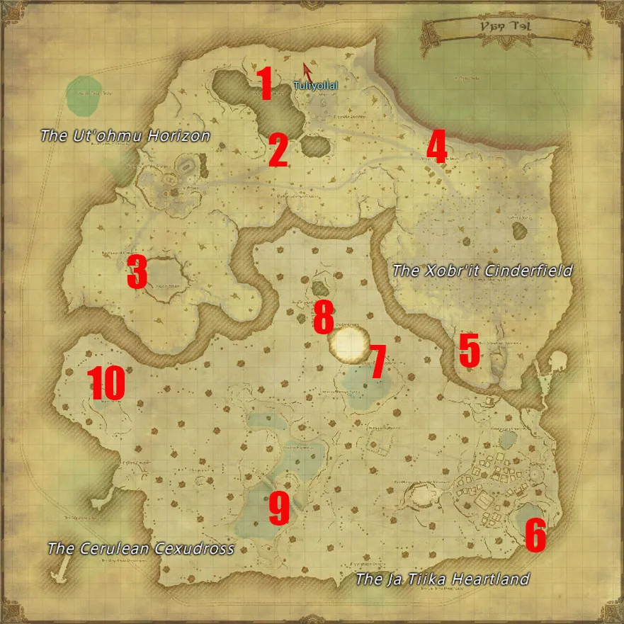 Image of all the aether locations in Yak T'el in FFXIV, marked on a large map.