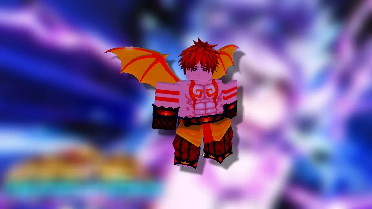 A picture of Flame Dragon King from Anime Defenders in an article detailing the best mythic units available in this Roblox experience