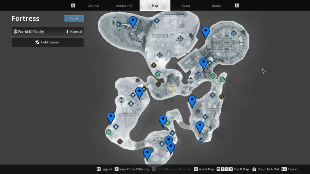 Image of the Fortress map with eleven blue stamps marking the location of Encrypted Vaults 