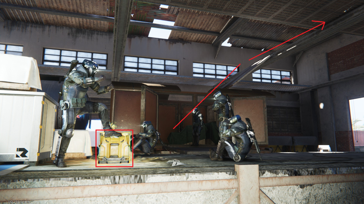 Image of several soldiers cheering while one stands on a gear box, and several lines marking how to reach the mystical crate