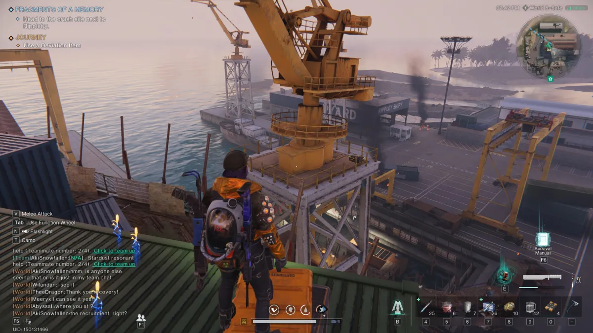 Player standing on the mystical crate looking at a crane in the distasnce, the ocean and pier stretching out behind them