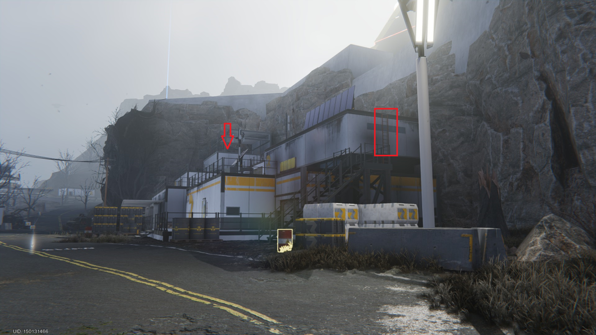 Image of the Gaia Cliff research center in Once Human, with the ladder marked with a red tangle and an arrow pointing at the chest location