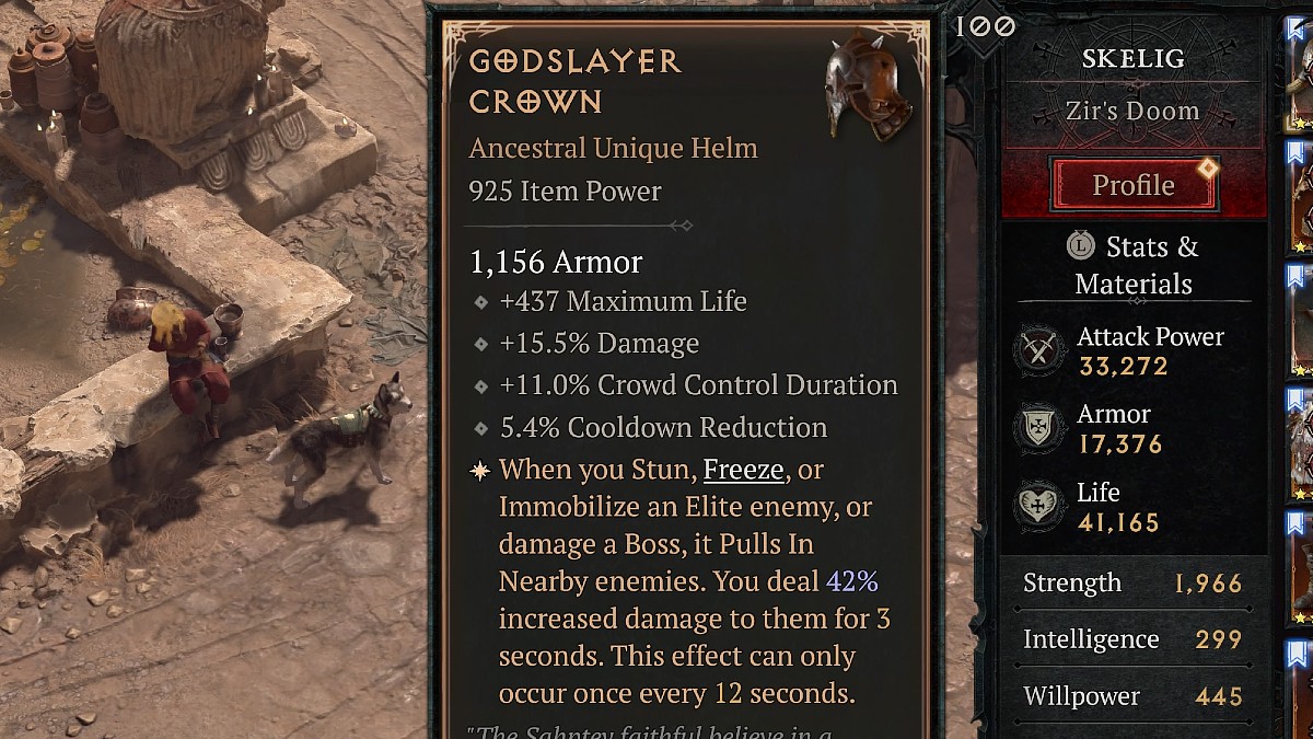 Close up image of the player's inventory with their cursor hovering over the Godslayer Crown in Diablo 4