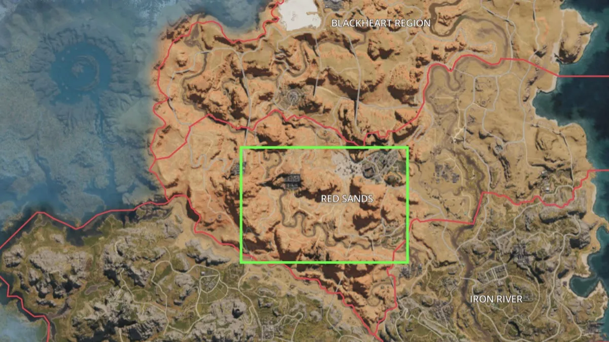 Image of the Once Human map with the Red Sands location marked with a neon green box