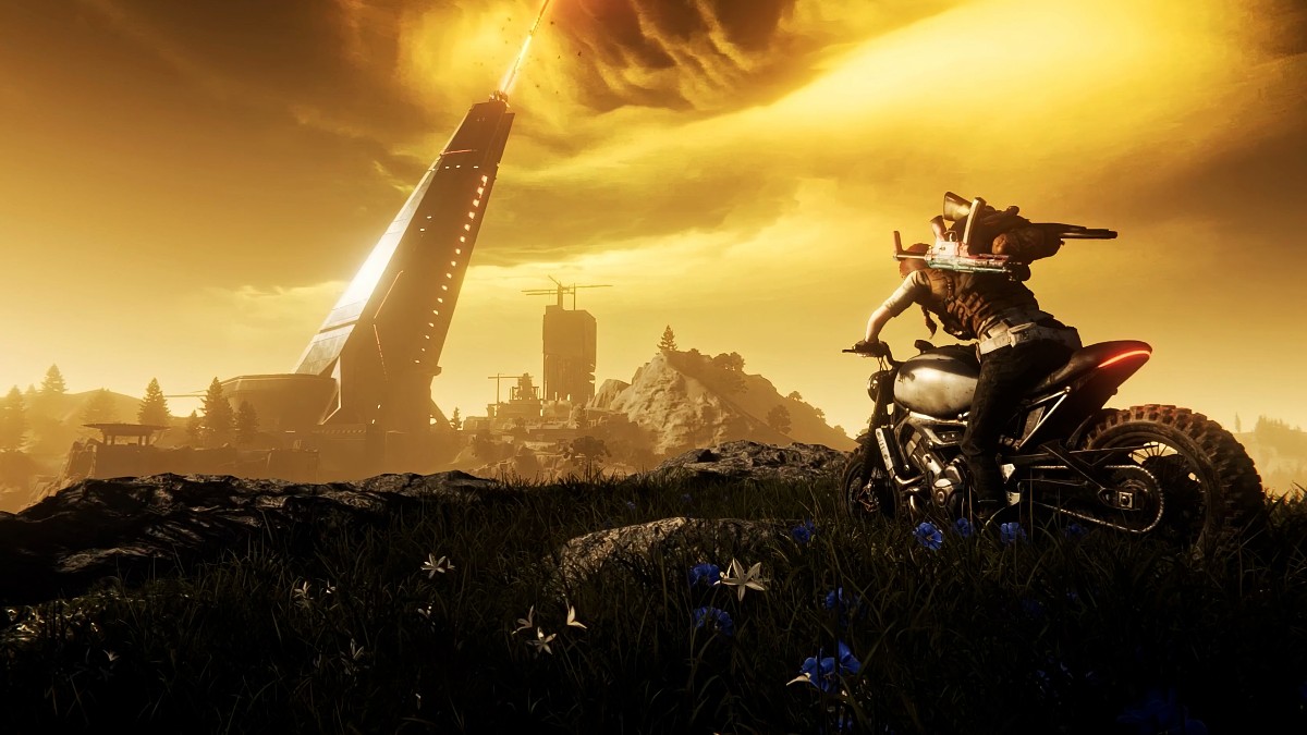 Riding a motorcycle below golden skies in Once Human.