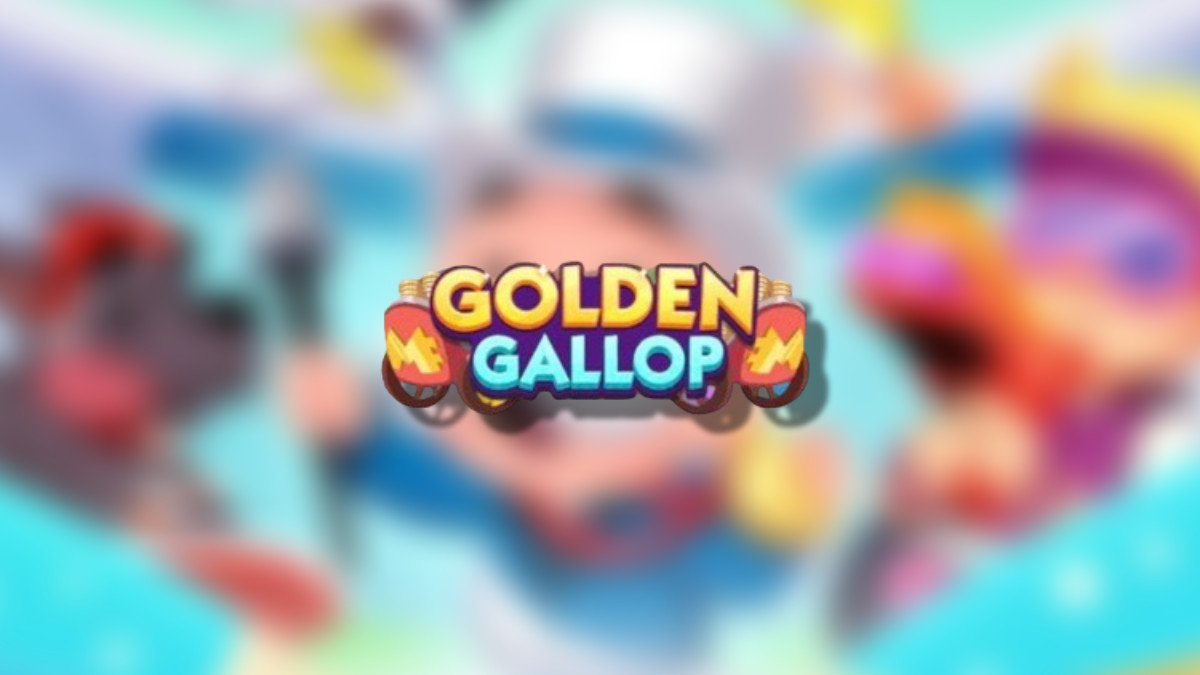 The Golden Gallop logo on top of a blurred Monopoly GO background in an article detailing the rewards and milestones players can earn