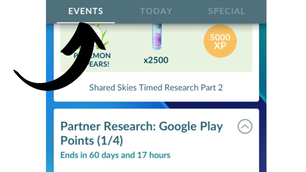 Screenshot of Pokemon GO showing the Google Play partner research in the Events Tab