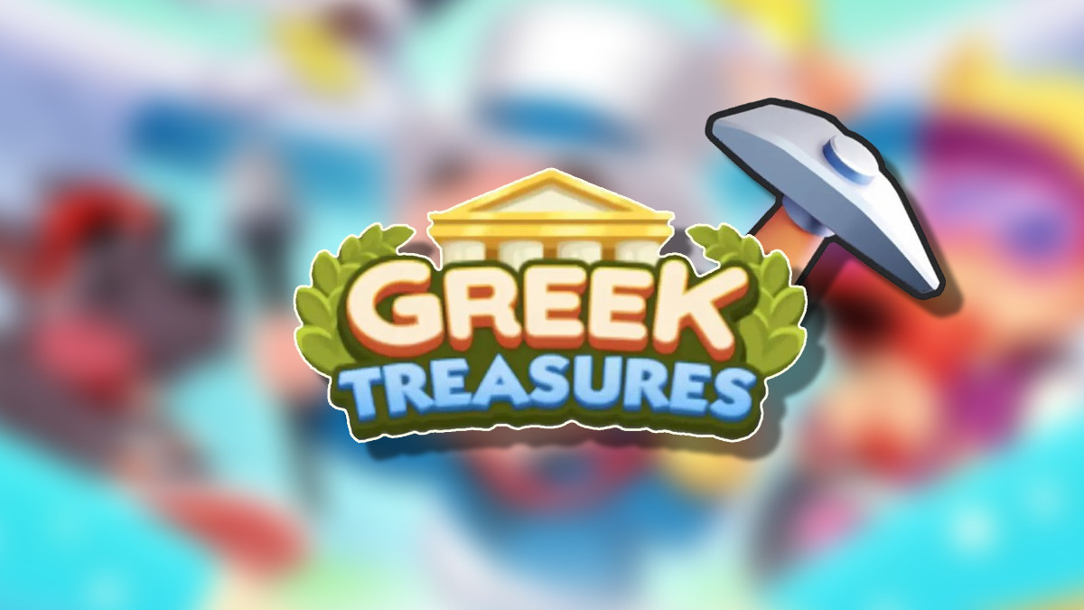 A Greek Treasures logo with a Pickaxe behind it on a blurred Monopoly GO background headlining an article detailing how players can get more Pickaxes during the event