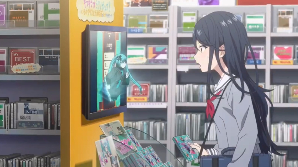 Hatsune Miku appears out of CD Store screen in Project Sekai the Movie