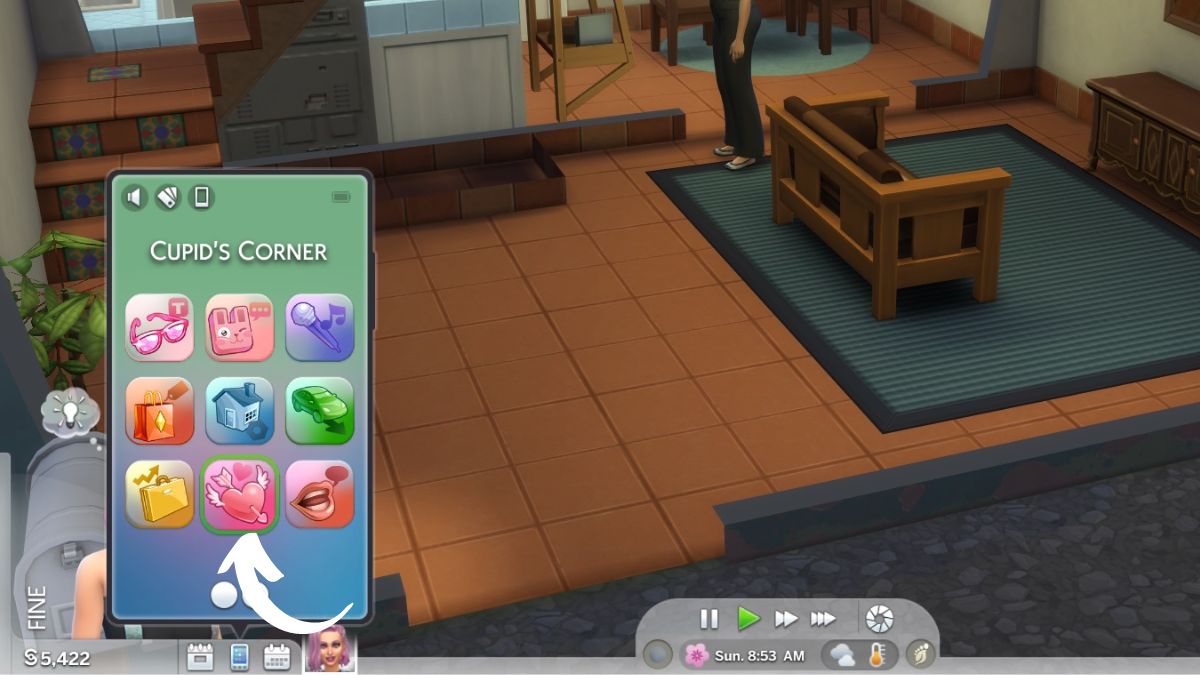 Screenshot of the Sims 4 cell phone panel with an arrow pointing to the Cupid's Corner app