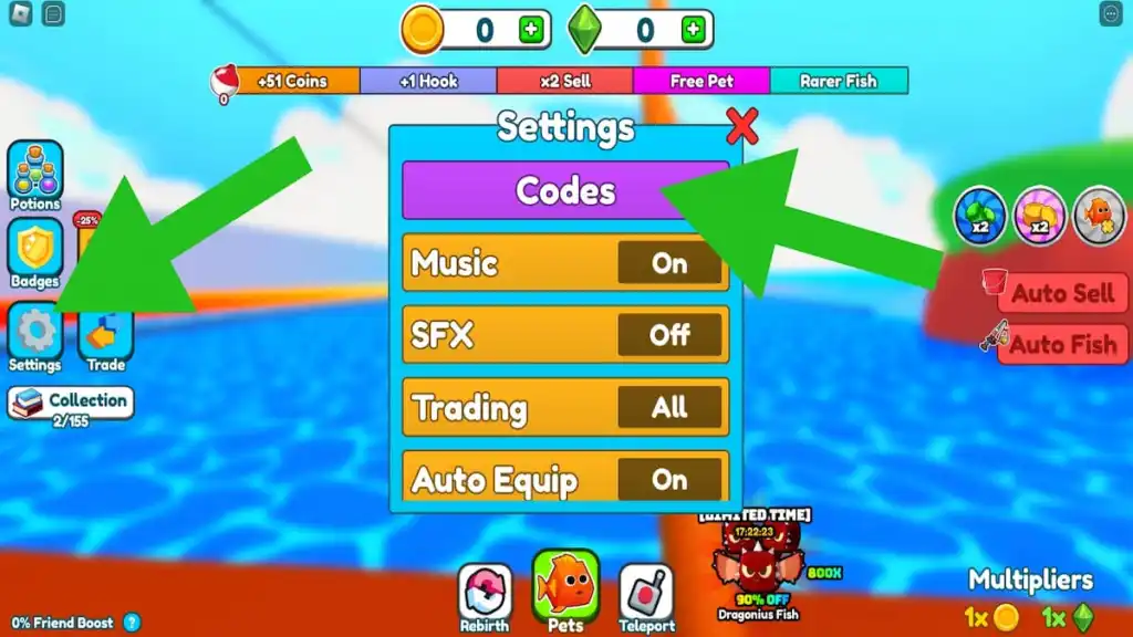 How to redeem codes in Ultimate Fishing Simulator