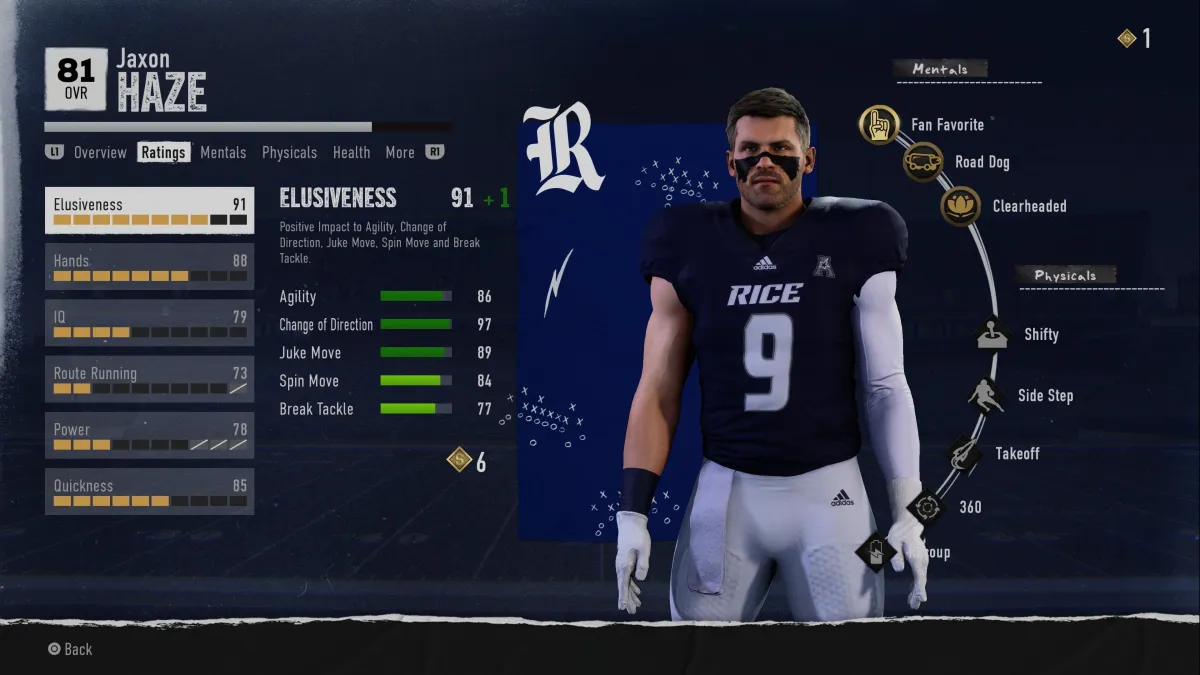 Skill Points screen in College Football 25 Road to Glory.