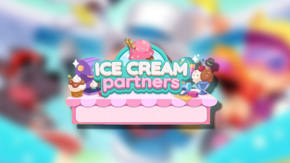 The Monopoly GO Ice Cream Partners logo on top of a blurred Monopoly GO Background in an article detailing all of the rewards and milestones you can earn.