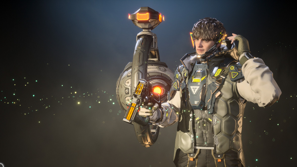 Jayber in The First Descendant with one of his turrets adjusting his headset