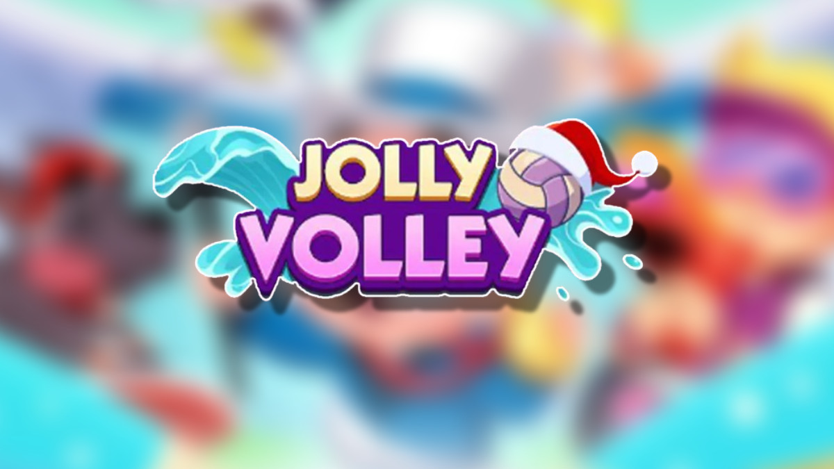 The Jolly Volley logo on top of a blurred Monopoly GO background in an article detailing the rewards and milestones players can earn during the tournament