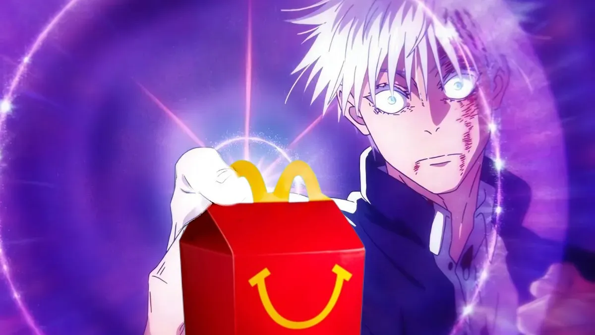 Gojo holding a McDonald's Happy Meal container, related to a rumored McDonald's/Jujutsu Kaisen Collaboration