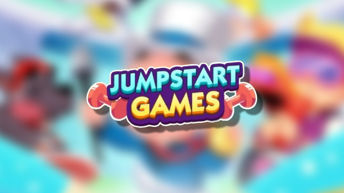 An image of the Jumpstart Games logo on top of a blurred Monopoly GO background in an article detailing the rewards and milestones players can earn during this tournament